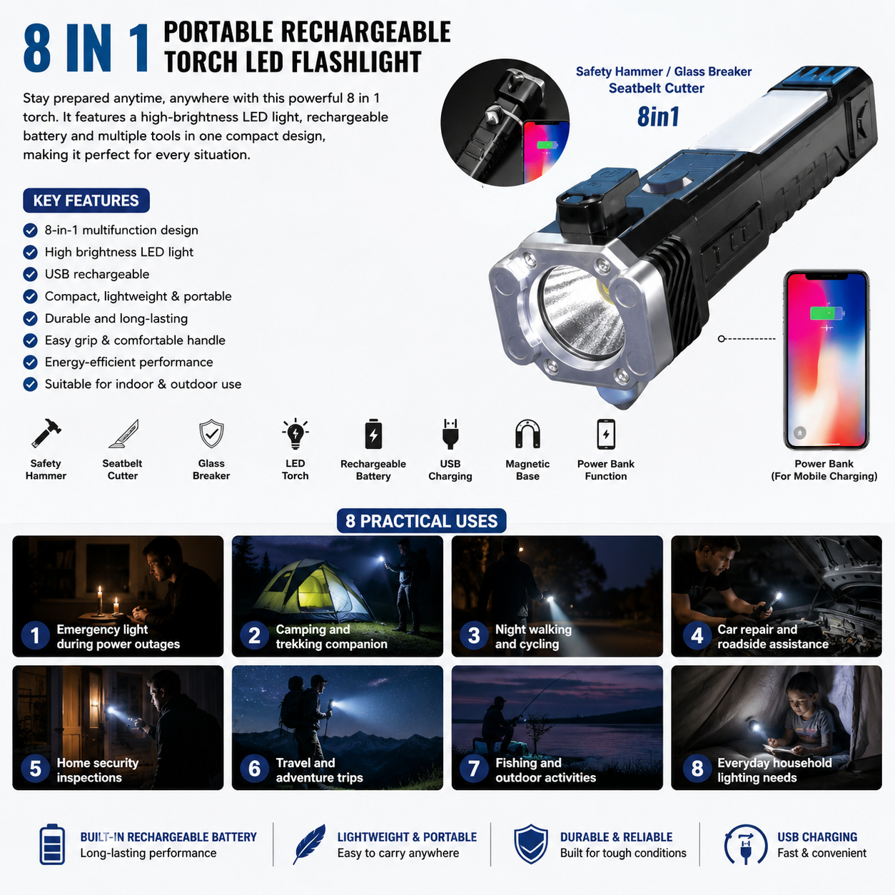 8 in 1 Portable Rechargeable Torch LED Flashlight